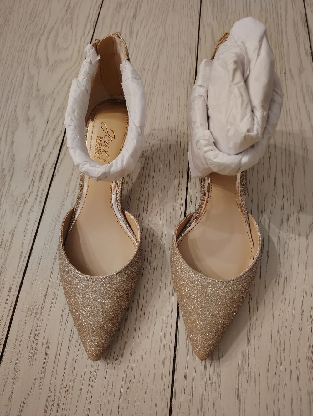 Jewel Badgley Mischka Robles Gold Glitter Embellished Ankle Strap Heels Size 5 N